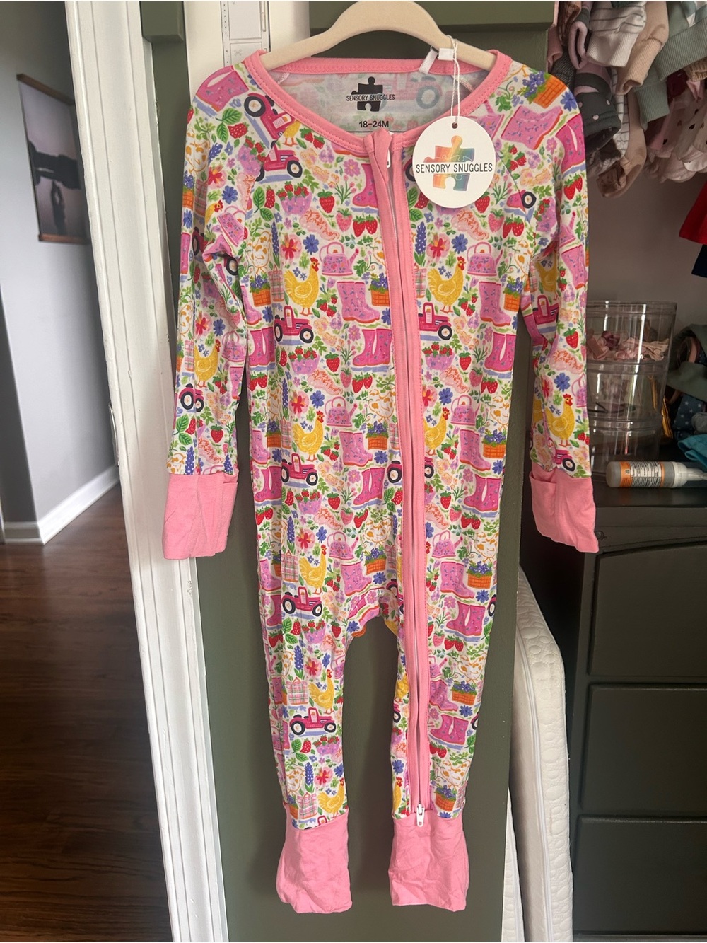 Pink Floral & Tractor Print Footie One-Piece